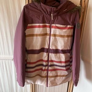 Classic Burton Striped Hooded Snowboarding Jacket with Fur Trim